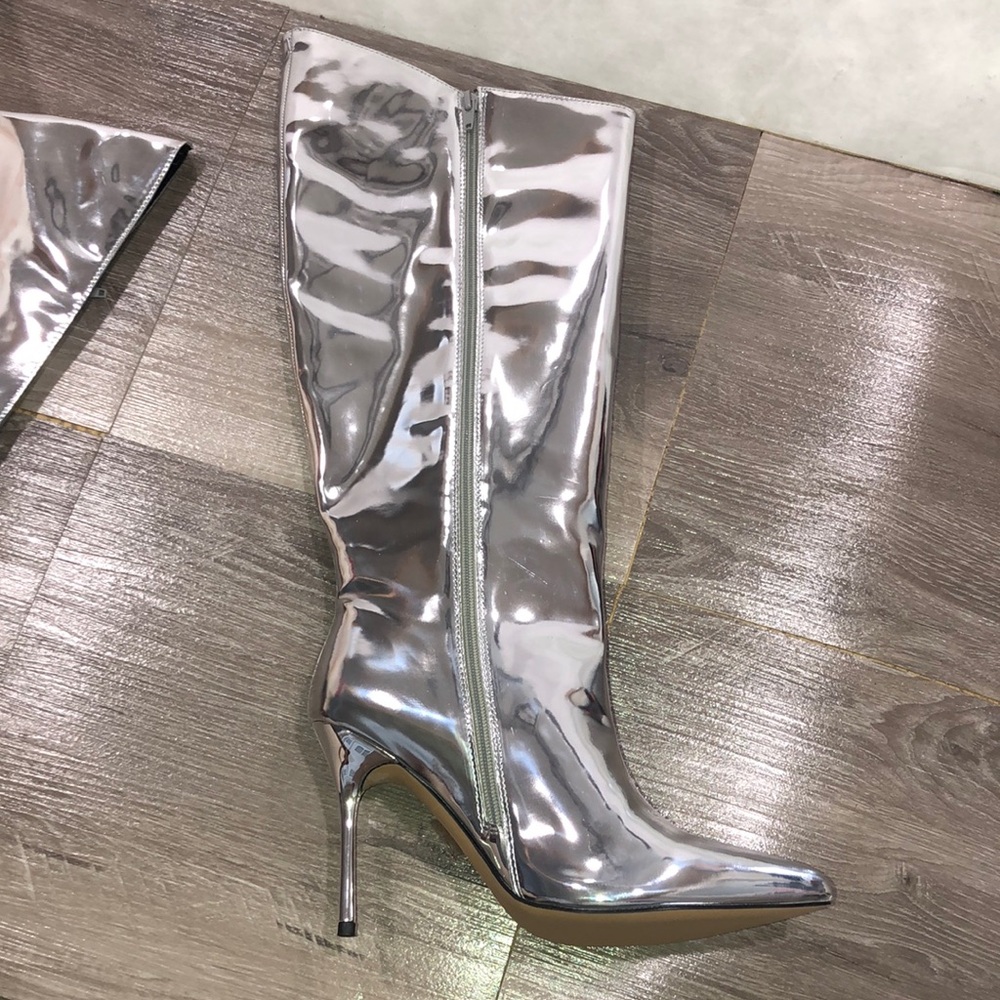 Public Desire Silver Mirror Wide Calf High Heeled Knee Boots